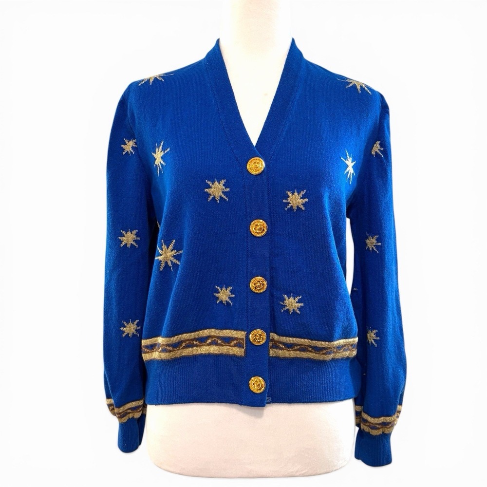 St John Blue Celestial Sun Knit Cardigan Gold Buttons Women Size S Santana‎